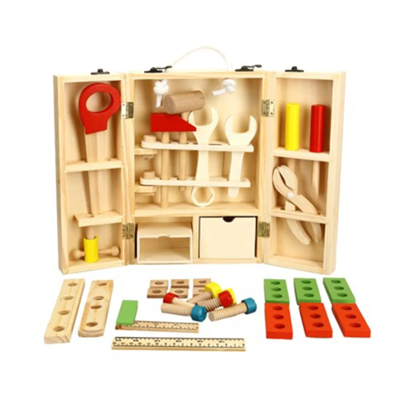 

Wooden DIY portable multi-function simulation toolbox set combination children's puzzle play house disassembly toy set