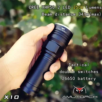 

Amutorch newest X10 XHP50.2 LED 2500 lumens powerful and solid 26650 LED Flashligh,Tactical double switch