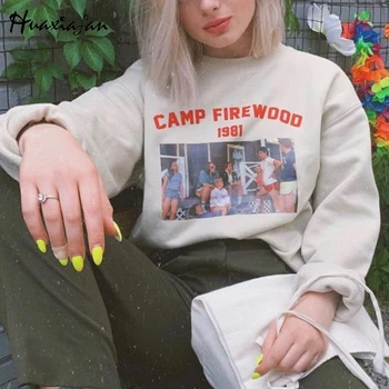 

Huaxiafan Sweatshirts Women Loose Casual Tops Printing Camp Firewood Sweatshirts Pullover Long Sleeves Women Casual Streetwears