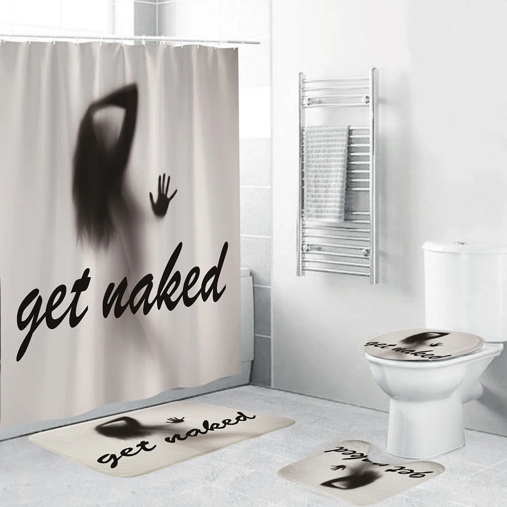 Get Naked Printing Bathroom Shower Curtain Set Toilet Rug Cover Non-Slip Mat Kit 