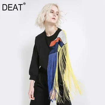 

DEAT 2020 Autumn Winter Round Neck Long Sleeve New Heavy Colorful Tassel Stitching Large Thick Black Sweatshirts AS260