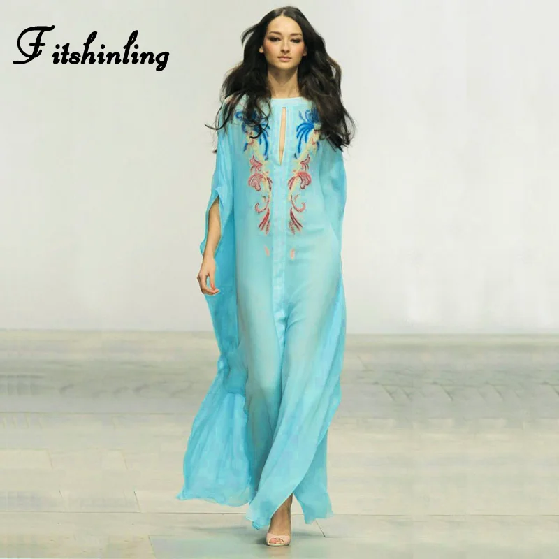 

Fitshinling Embroidery Flower 2020 Beach Long Dress Tunic Batwing Sleeve Oversize Kaftan Robe Boho Holiday Maxi Dresses Women