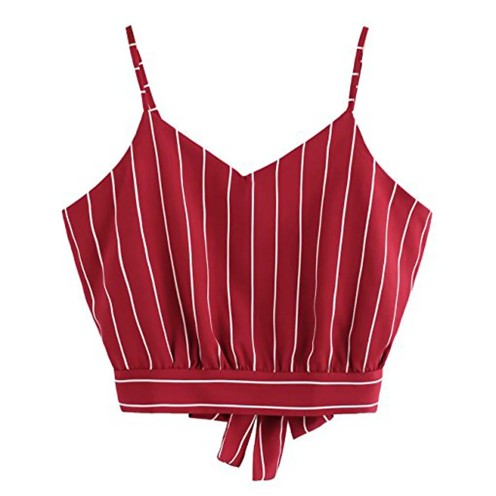 Красный Модные женские летние Стильные топы на бретельках для женщин, с завязками на спине, с v-образным вырезом, полосатые топы, топ без бретелей, женская блузка N4