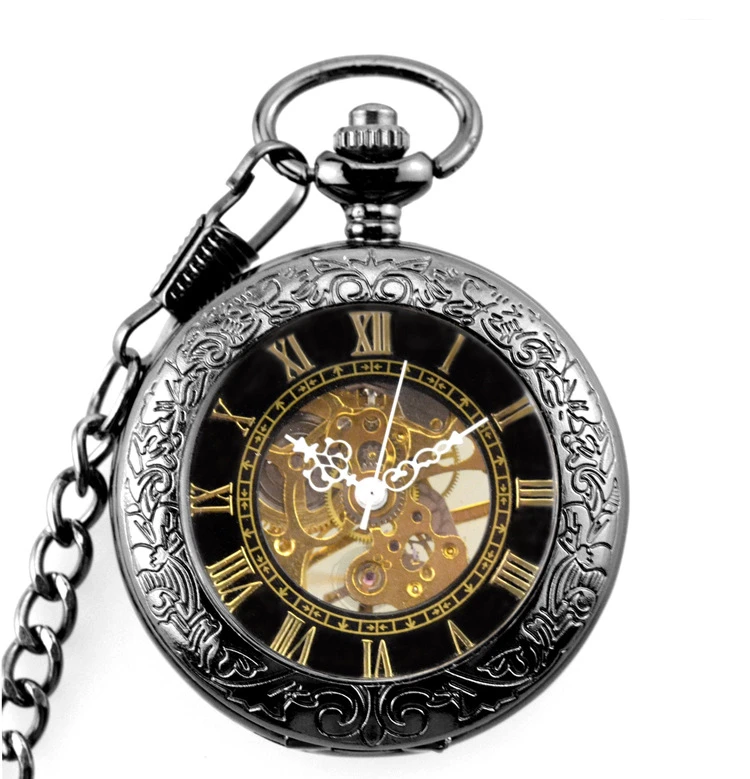

Retro Luxury Golden Hollow Dial Mechanical Pocket Watch Vintage Steampunk Fob Clock Male Necklace Roman Numerals Watch Chain Men