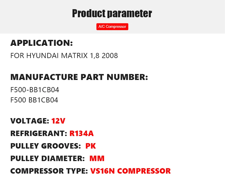 VS16N AC компрессор кондиционера для hyundai Matrix 1,8 2008 GLS F500-BB1CB04 F500 BB1CB04