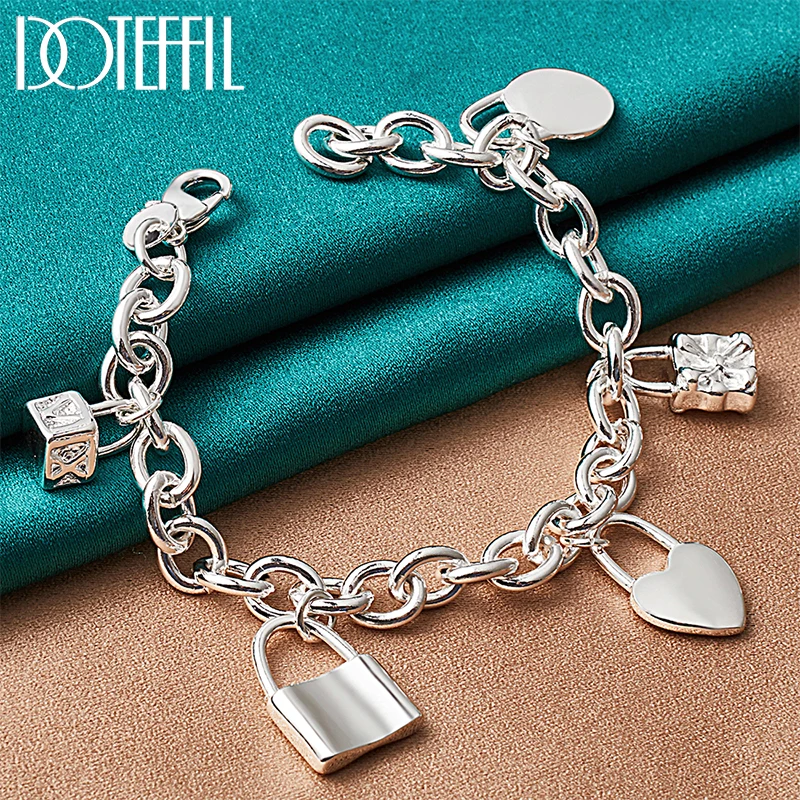 Doteffil 925 Sterling Silver Bracelet Heart / Circle / Square Lock