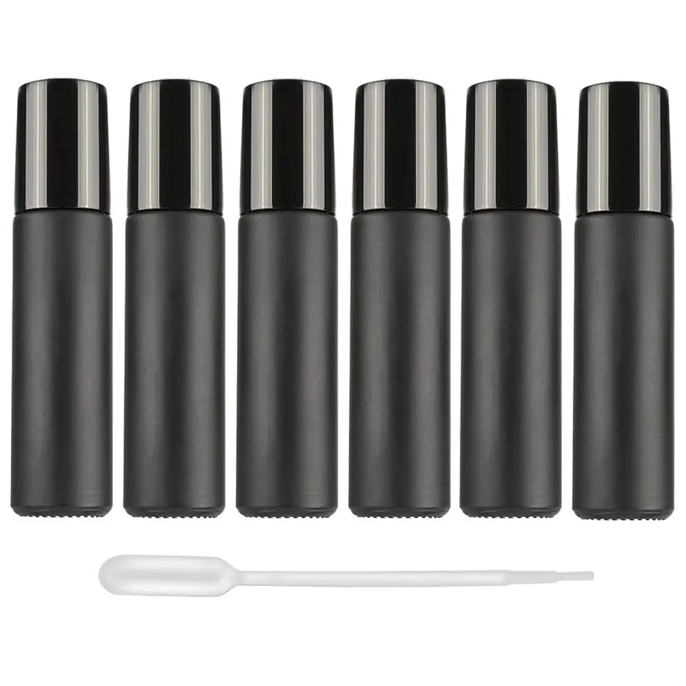 Essential Oil 6Pcs 10ml Black Glass Roller Bottles Vials Containers Metal Ball Aromatherapy Perfume Cosmetic Skincare Liquid