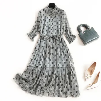 

Vintage Print Summer Women's Costumes Three Quarter Sleeve Mid-Calf Sashes Flare Sleeve Stand Collar Dresses Long