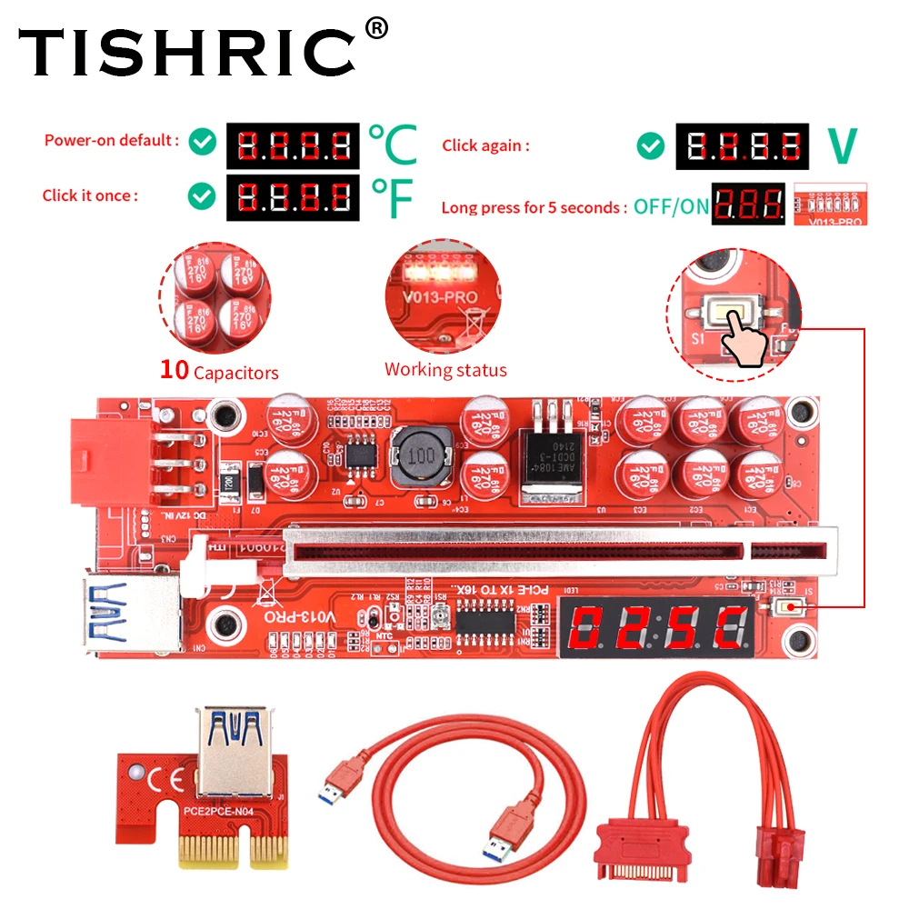 Райзер 013 Pro с 1 до 10 шт. TISHRIC PCIE расширитель PCI Express 1X 16X USB 3 0 6-контактный кабельный