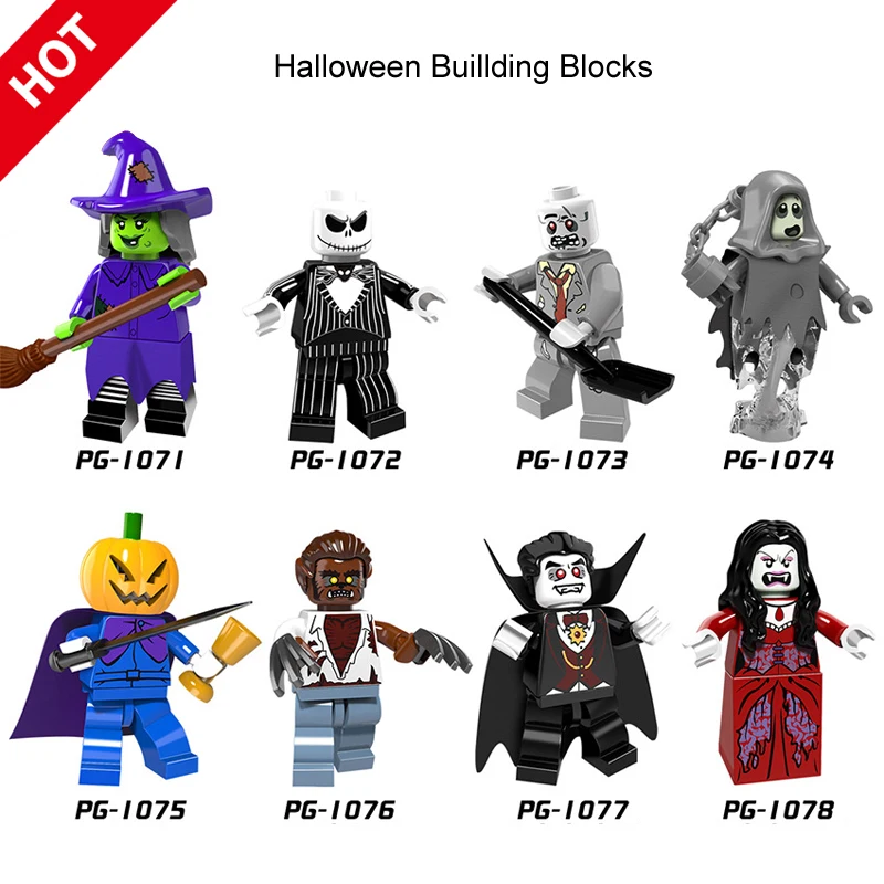

8Pcs/lot Building Blocks Halloween set Toys Models Witch zombie pumpkin man Skull Jack Figure block bricks Toy For Children