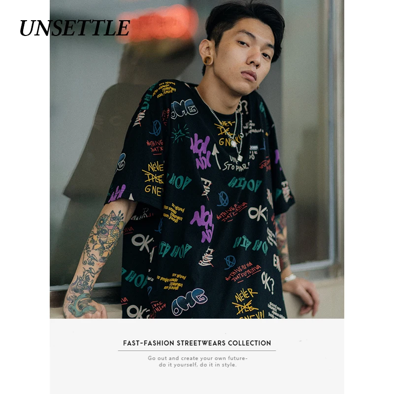 UNSETTLE Harajuku футболка с принтом граффити Мужская Уличная одежда хип хоп дизайн