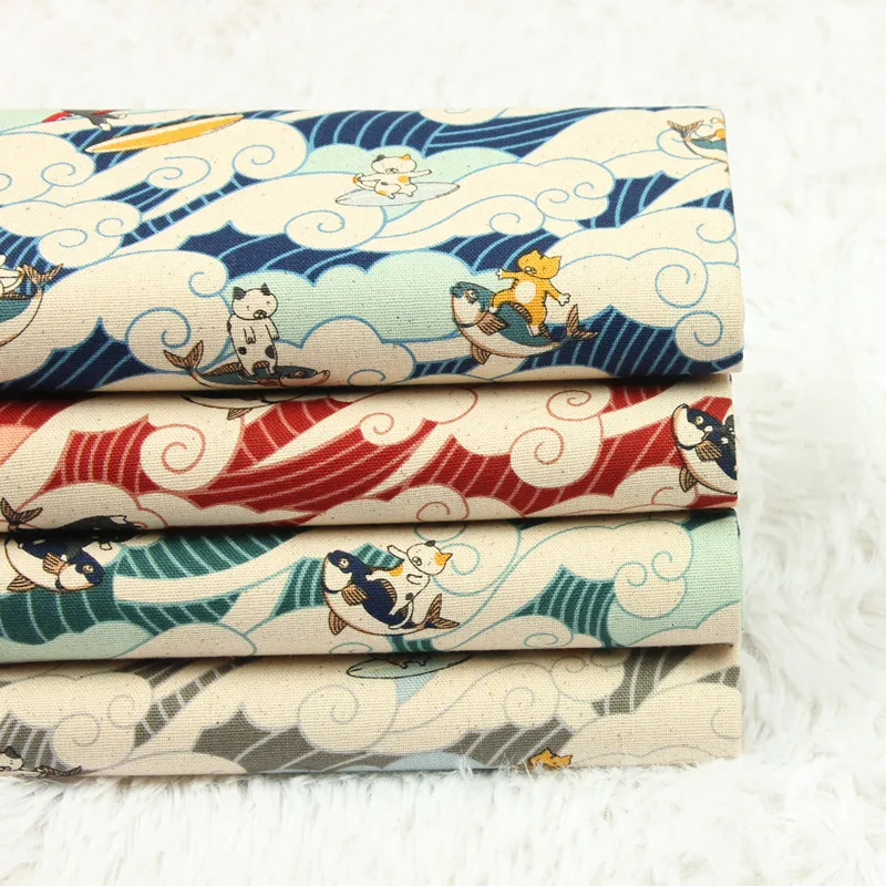 Japan Syle Cotton Fabric for Cushion Cover/Table Cloth Ocean Wave Kitten Prints DIY Handbag/Dress Sewing | Дом и сад