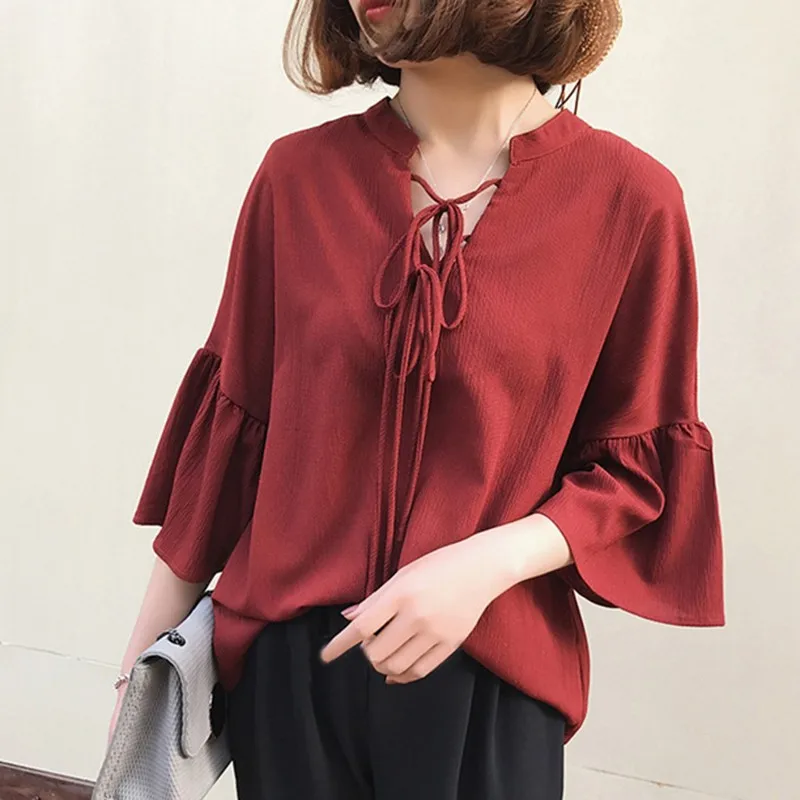 

Women Lace Up Chiffon Blouse Women's Solid V-Neck Long Sleeve Shirt Korean Loose Blouse x