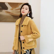 Теплая зимняя женская одежда, Женская короткая верхняя одежда, куртки, пальто из овечьей шерсти, меховое пальто с отложным воротником