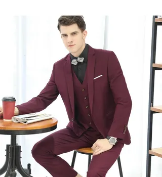 

Custom Made Burgundy mens suit Business suits for men Men's formal jackets 3 piece suits for mens (Jacket+Vest+Pants)