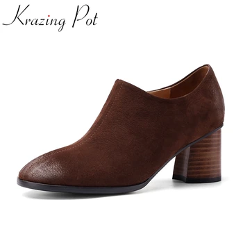 

Krazing Pot high quality cow leather retro women pumps round toe mature office lady dress zipper high heels spring shoes L88