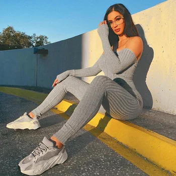 

Women Casual Slash Neck Tracksuit Two Piece Set Off Shoulder Long Sleeve Crop Tops Push Up Pants Bodycon Jumpsuits Streetwear