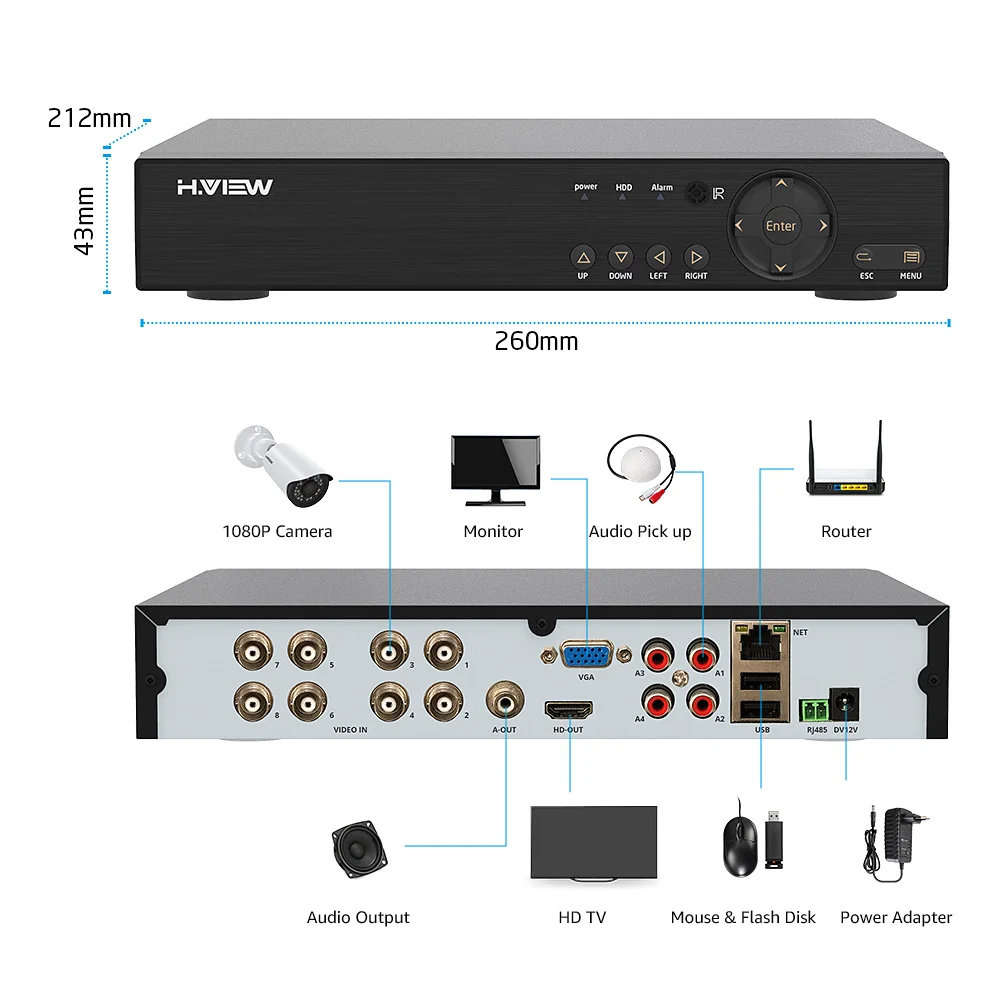  H.View 8CH CCTV System 1080P HDMI AHD 8CH CCTV DVR 8PCS 2.0 MP IR Security Camera 1200 TVL CCTV Cam - 32309560734