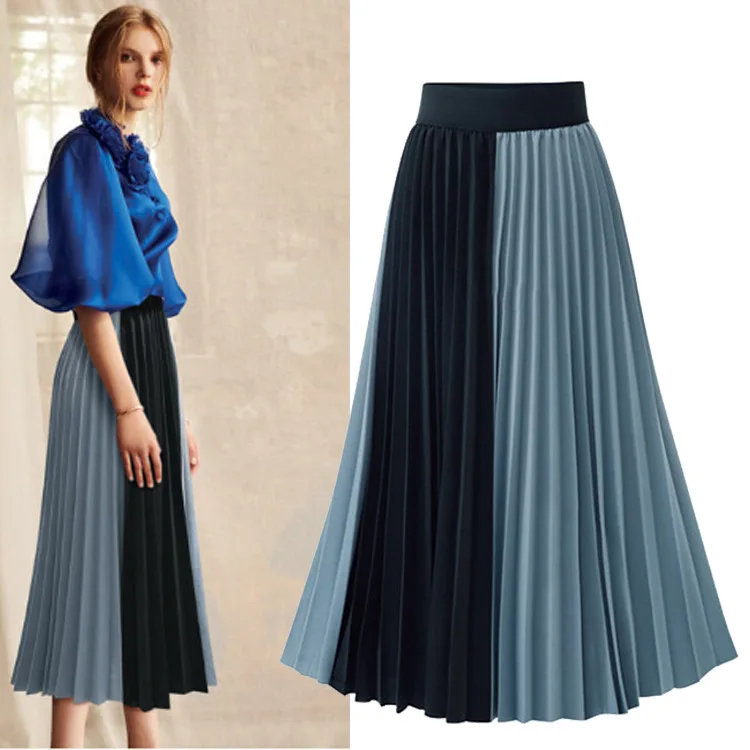 Женская плиссированная юбка Эластичная Высокая талия черные синие Лоскутные шифоновые Юбки Повседневная юбка средней длины Harajuku Корейская юбка
