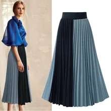 Женская плиссированная юбка Эластичная Высокая талия черные синие Лоскутные шифоновые Юбки Повседневная юбка средней длины Harajuku Корейская юбка
