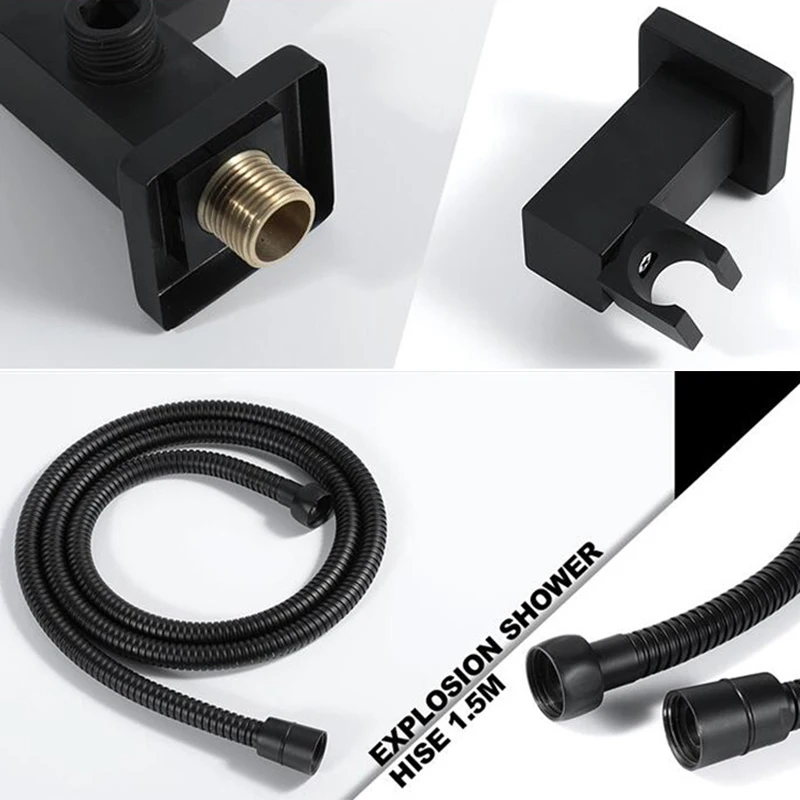 BAKALA All Brass Square Chrome Or Black Hand Held Shower Head With Brass Wall Connector Holder And 1.5m Stainless Steel Hose Shower Head Shower Set