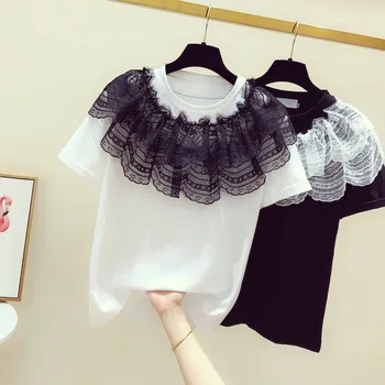 

Lace Patch Short Sleeve Tshirt Woman 2020 Spring and Summer New Lace Stitching Round Neck Short Sleeve T-shirt Casual Tee Tops