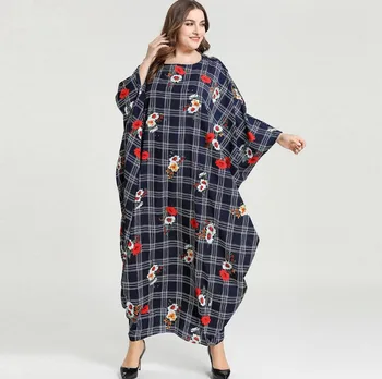 

Plus size women's muslim dress blue striped plaid bat sleeves long sleeve casual Muslim Arabic long dress a1383