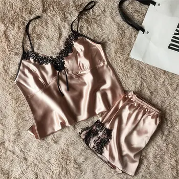 

2Pcs Women Sexy Satin Silk Pajama Set Sleeveless V Neck Sleepwear Top+ Shorts Ladies Hot Summer Babydoll Lingerie For Female