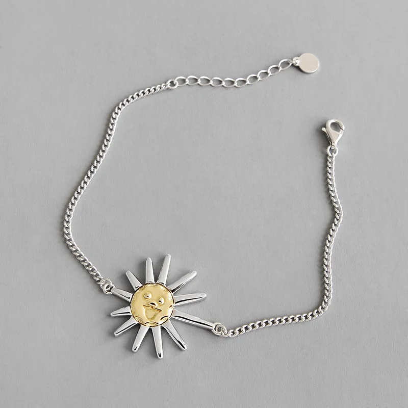 Настоящее серебро 925 проба браслет Солнечный цветок смайлик лицо браслеты с подвесками для женщин хороший серебряный браслет цепочка браслет