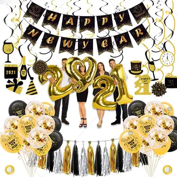 

2021 Happy New Year Foil Balloons Photo Booth Frame Props Balloons Gold Black Banner Christmas Navidad New Year Party Supplies