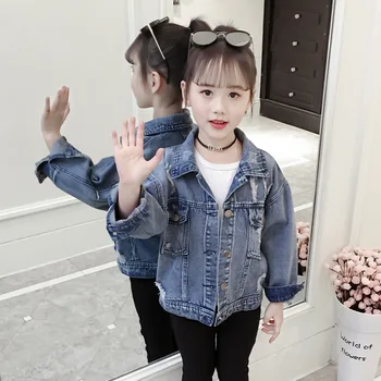 

Spring Fall Oversized Girls Hole Denim Jackets Pockets Patchwork Kids Coats Flower Embroidery Children Outwear Clothing 5-14T