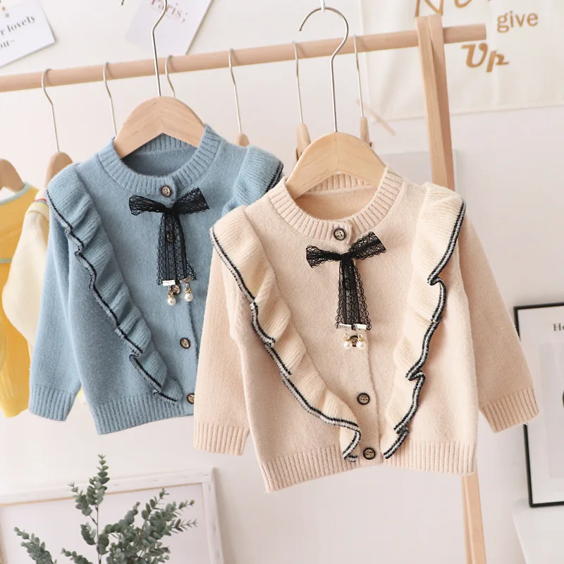 

2020 Autumn Winter Baby Knitted Cardigan Warm Girl Velvet Mink Sweater Princess Girl Clothing Lace Bow Fashion Kids Top D07075