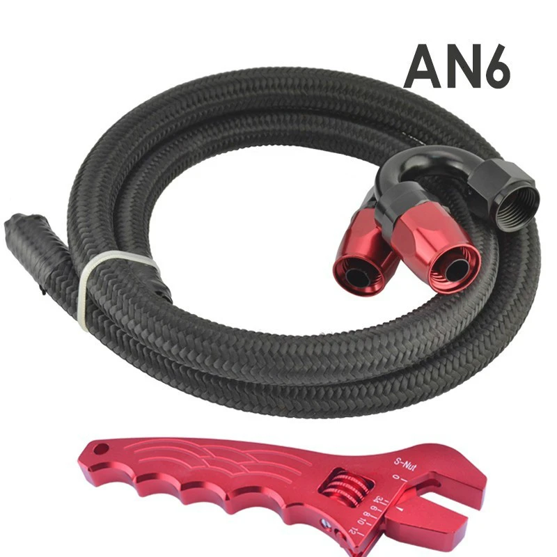 AN4/6/8/10 USB кабель с нейлоновой оплеткой масло/Топливный шланг 1 м трубы+ прямой+ 180 градусов Поворотный фитинг Масляный шланг Конец адаптер комплект с красным гаечный ключ - Цвет: AN6