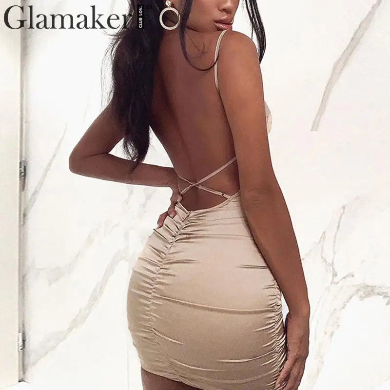 Glamaker, атласное облегающее мини-платье с бретельками, цельное сексуальное платье с открытой спиной, осенне-зимние женские вечерние Клубные платья с квадратным вырезом