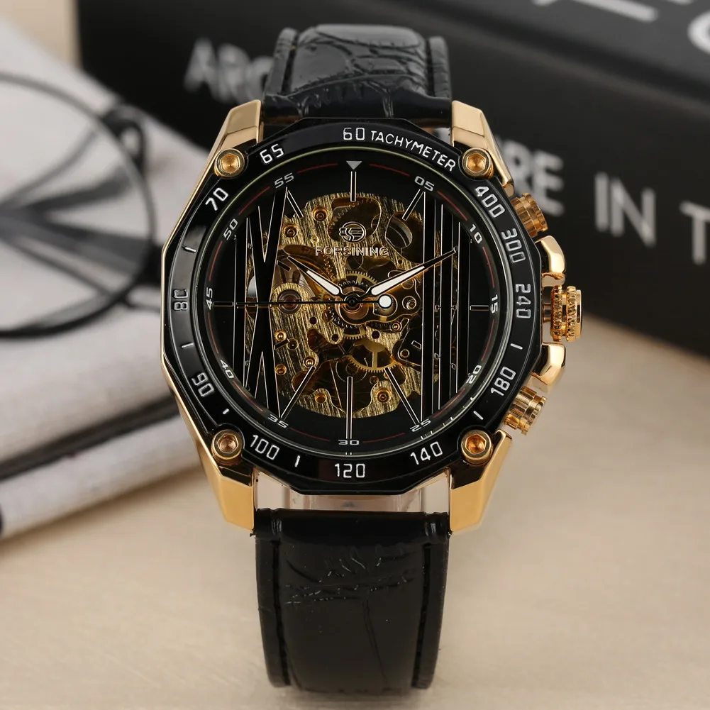 

Luxury Mechanical Watch Men Black Genuine Leather Wristwatch Steel Watch Case Skeleton Men's Watches Self Winding Timepiece
