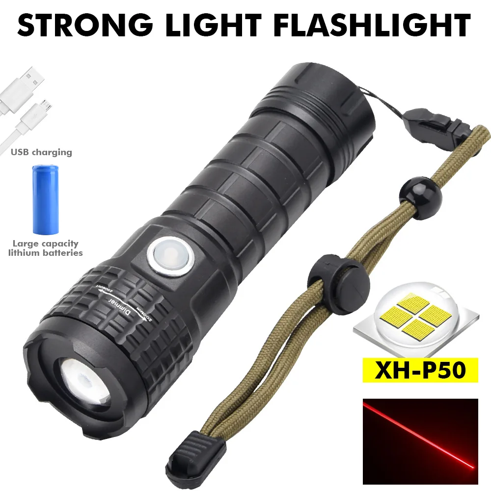Strong Red Laser Light USB Rechargeable Zoom LED Torch XHP50 26650