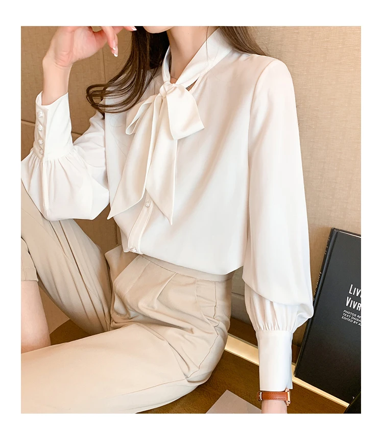 H Han Queen New Arrival Shirt Womens Blouse Vintage Work Casual Tops Chiffon Blouse Bow Elegant Loose Women Business Shirts 2021 white long sleeve top