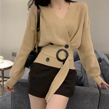 

Fashion 2020 Elegant V Neck Double-breasted Sashes Cardigan Women Autumn Knitted Harajuku Sweater Ladies Slim Chic Cardigans