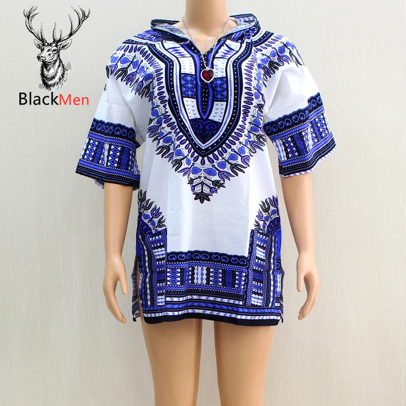 

2020 New Arrival Dashiki 100% Cotton Blue Dashiki Pattern Printed Hoodies Short Sleeve African Tops Shirt