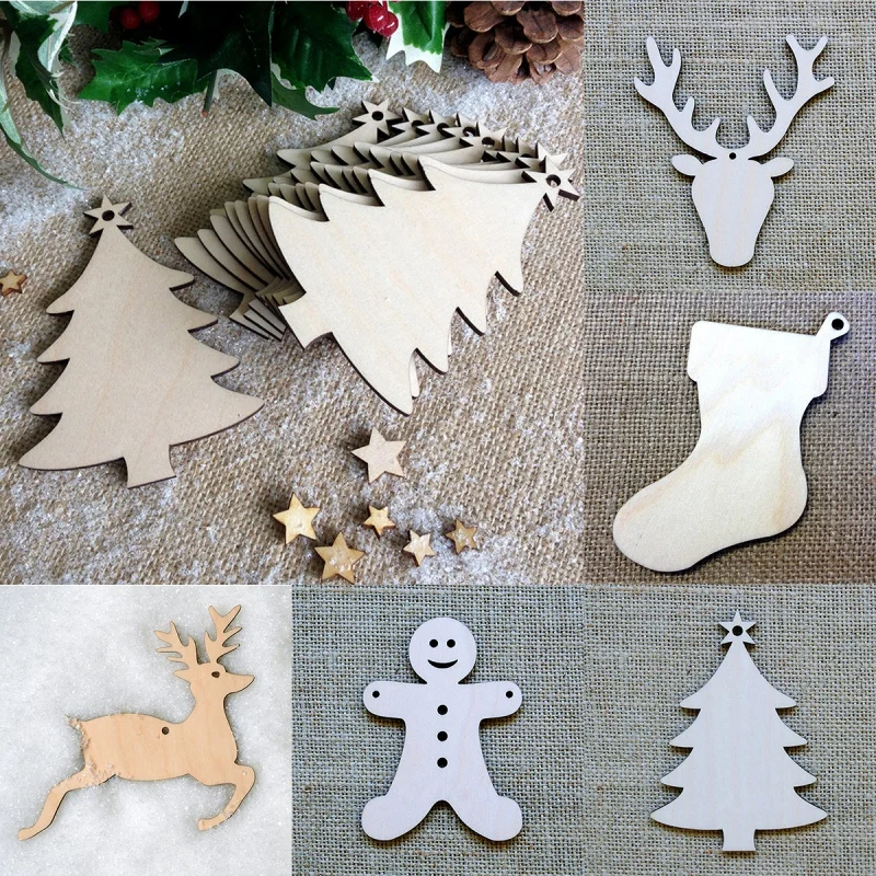 

10pcs Wooden Round Baubles Tags Christmas Balls Decorations Snowflakes Deer Snowman Tree Art Craft Ornaments DIY Xmas Decors