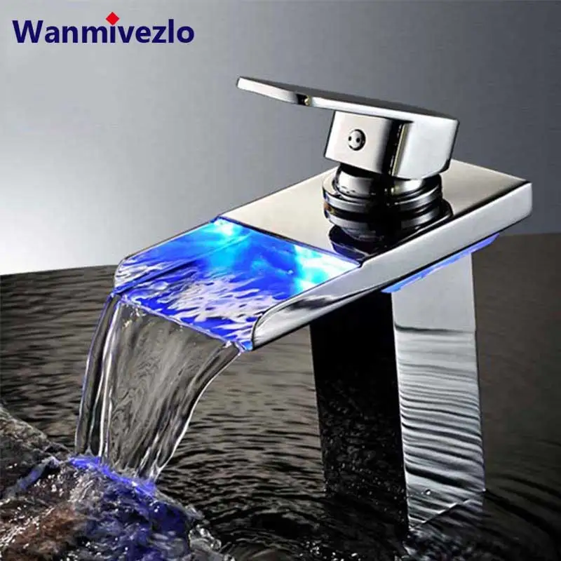 LED Basin sink Faucet Waterfall Sink Taps Colors Change with