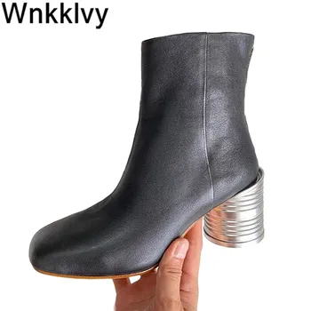 

Metal chunky high heel short boots women genuine leather ankle boots Runway design autumn winter shoes botas for girls 2020
