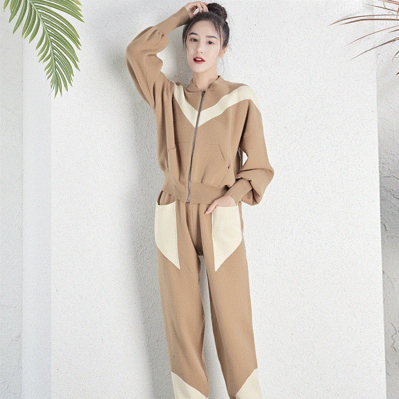 

South Korea Angola xian rong Yarn Fashion WOMEN'S Suit New Style Contrast Color Sporty Hoodie + Harem Pants Two-Piece Set