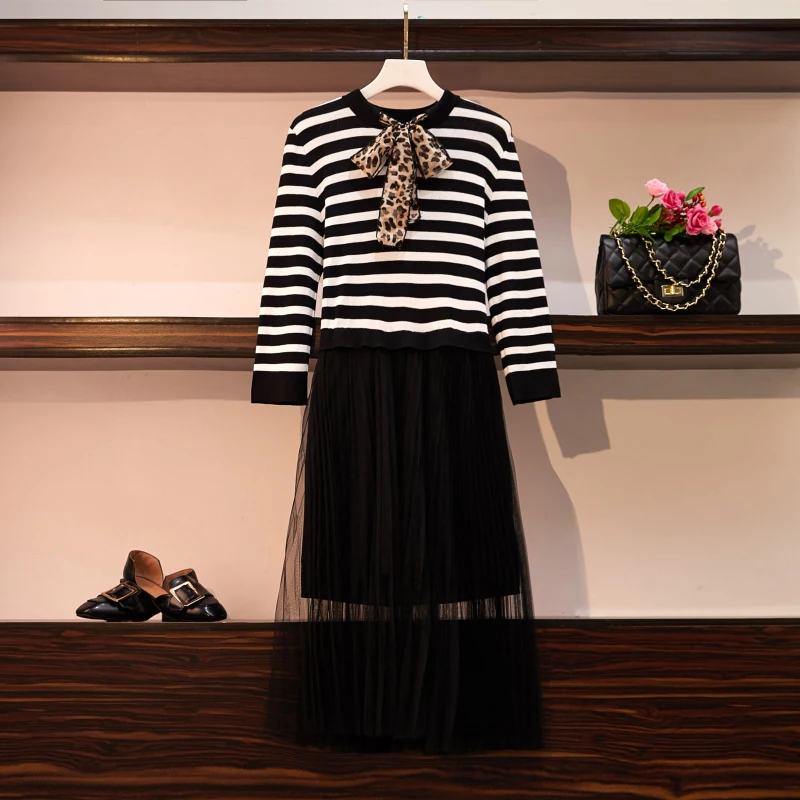 

L-4XL Plus Size 2019 Autumn Women O Neck Leopard Bow Knitted Patchwork Mesh A Line Dress Female Casual Oversize Dresses N169