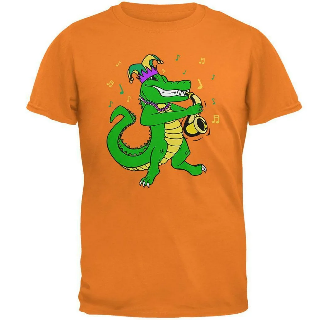 Mardi Gras Аллигатор играя Saxaphone Jester Jazz Мужская футболка с круглым вырезом Топы