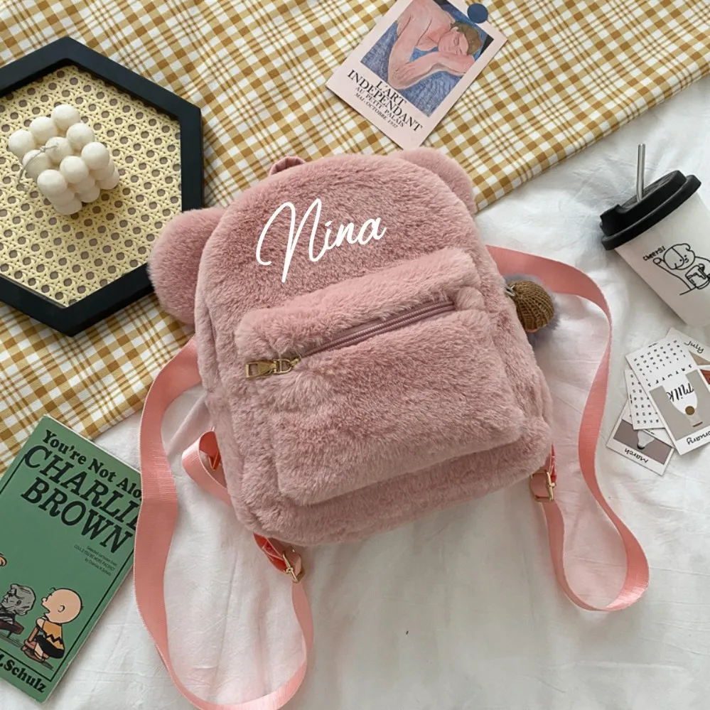 Custom Fluffy Bunny Backpack Korean Mini Backpack For Girls Cute 2022 New Bear Ears Plush Women Backpack Faux Fur Shoulders Bag 3