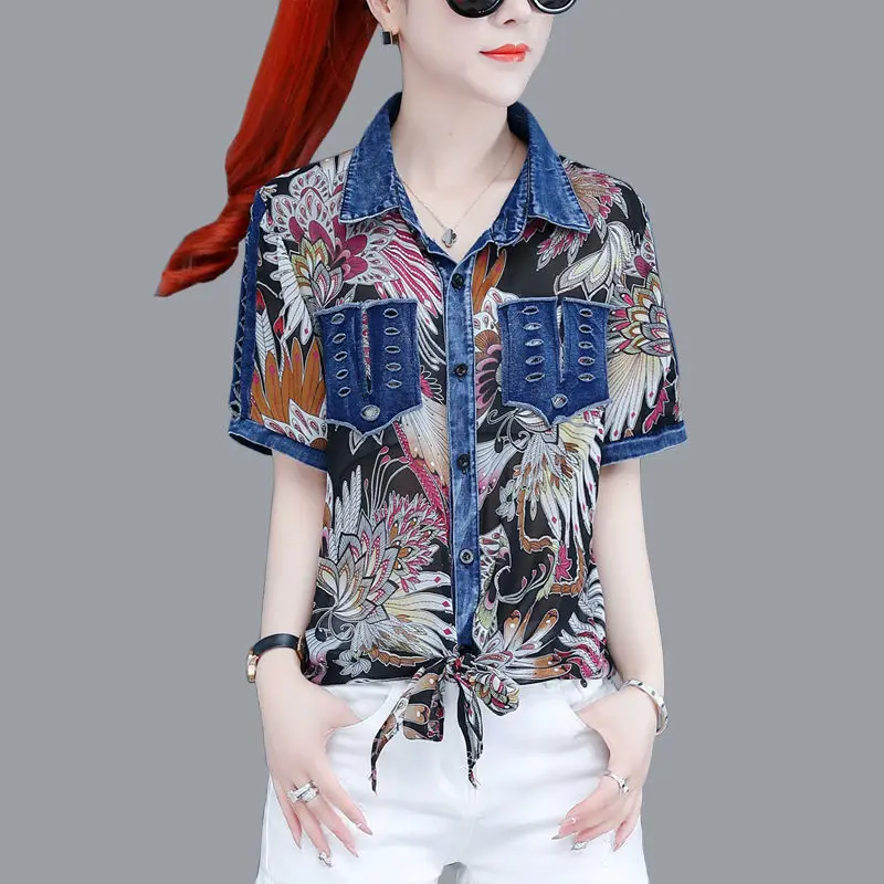 

Summer Chiffon Shirts Temperament Casual Blouses Polo-Neck Dots Print Splice LooseTops pocket Mujer Blusas MM0700