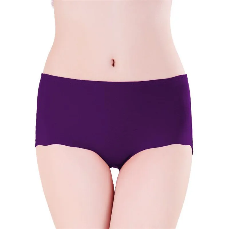 S-4XL, женские шелковые бесшовные трусы, сексуальные, женские, простые, высокая талия, высокая эластичность, трусы, нижнее белье для женщин, большие размеры - Цвет: Purple Briefs