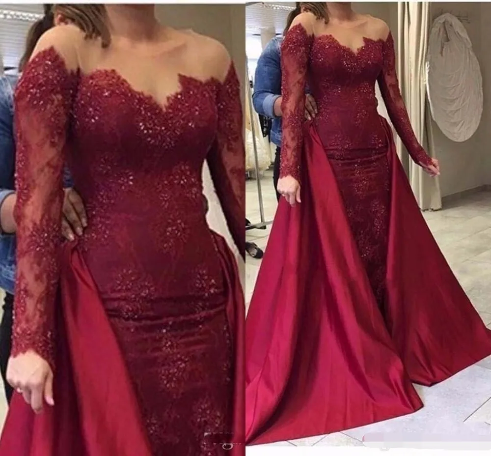 

Burgundy Mermaid Evening Dress With over skirt detachable train Sheer Neck Sequins Long Sleeves Prom Dresses Satin And Lace