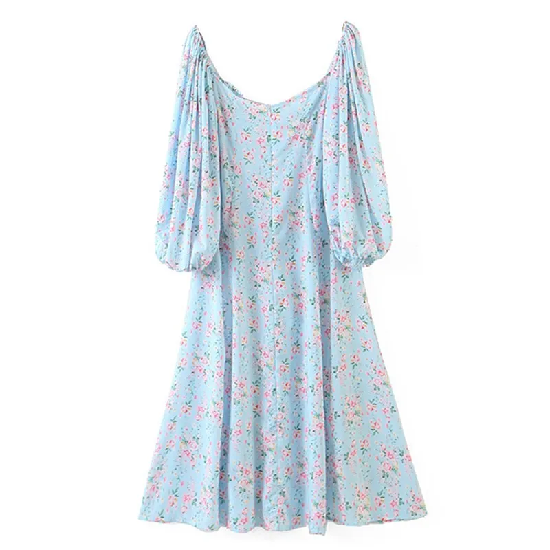 2020 Retro Skyblue Floral Print Voilet Midi Dress Women V Neck Bandage Lantern Long Sleeve Button Slit Long Off Shoulder Dresses Dresses Aliexpress